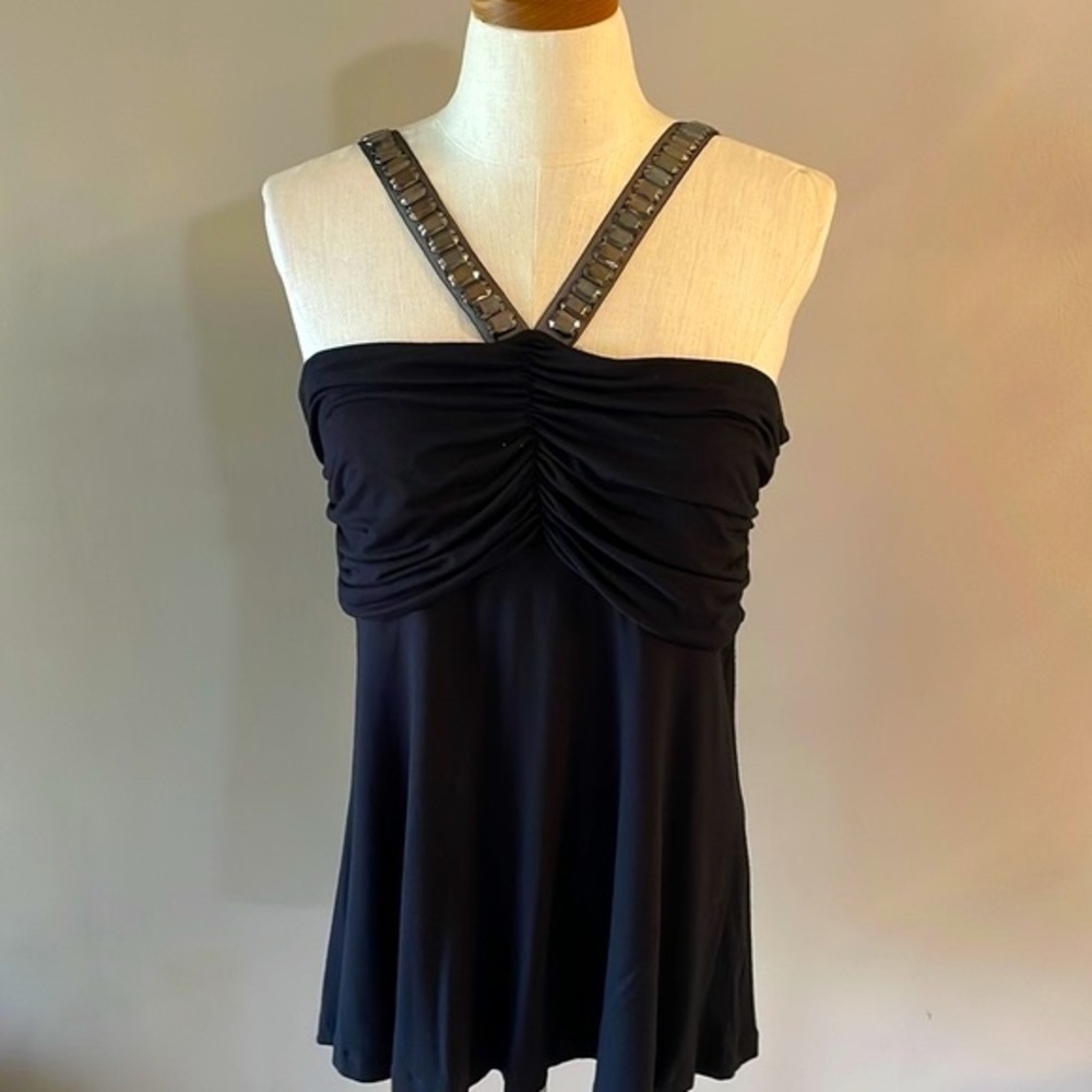 VERTIGO PARIS halter criss cross front tank beaded straps black L